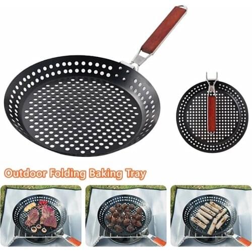 1Pc Outdoor Camping Foldable Round Frying Pan Picnic BBQ Heat Resistant Steak Grilled Skillet Drop Shipping