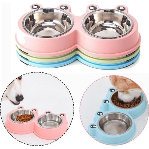 Dog Double Bowl Puppy Food Water Feeder Cute Stainless Steel Pets Drinking Dish Feeder Pets Supplies Feeding Dishes Dogs Bowl