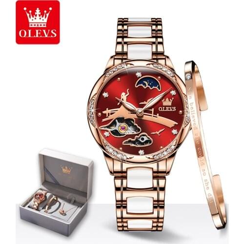 OLEVS Women Automatic Mechanical Watches Reloj Mujer Elegant Fashion Ceramic Watch Gift for Women Waterproof Wrist Watches Set