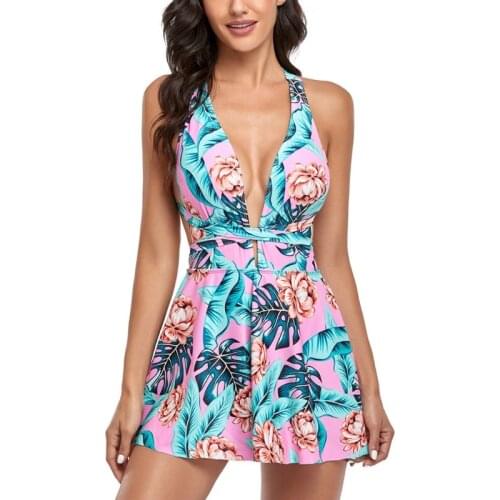 Women Sexy One-Piece Swimdress V-Neck Crisscross Backless Floral Print Swimsuit