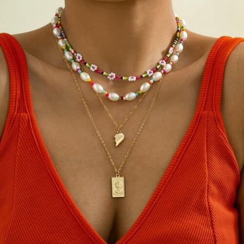 Bohemian Colorful Seed Beads Flower Pearls Geometric Pendant Necklaces Women Vintage Multilayer Beaded Collar Choker Jewelry