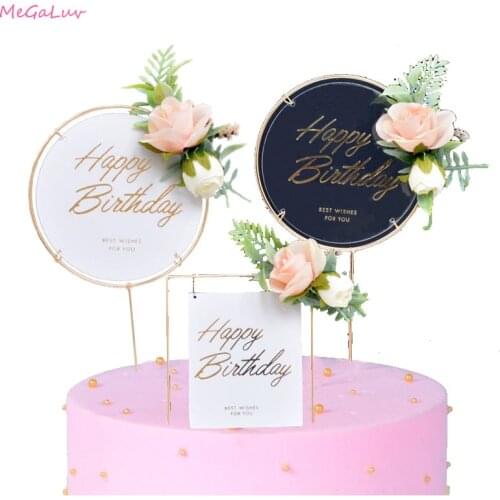 1pc 10cmX 21cm Happy Birthday Acrylic Cake Toppers with Flower Mini Cake Toppers Birthday Party Baking Cake Decor Flags Toppers