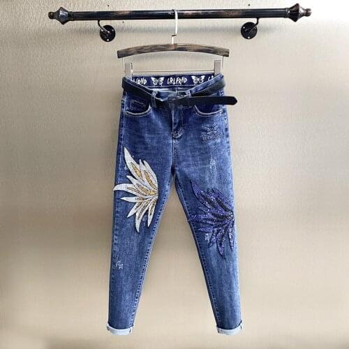 2021 Autumn New Jeans Female Three-dimensional Butterfly Sequins High Waist Slim Slimming Buttocks Pencil Trousers Woman Pants