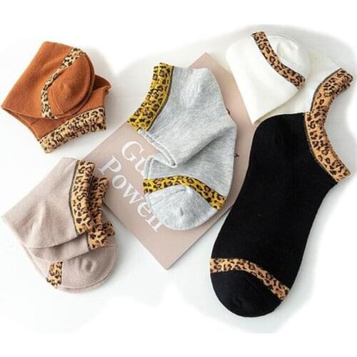 5 Pairs Solid Leopard Cotton Crew Sock Girls Short Spring Embroidery Summer Socks Woman Cotton Leopard Embroidered Ankle Socks