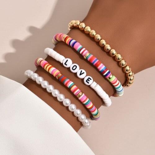 5Pcs/Set Bohemian Colored Stone Pearl Charm Bracelets for Women Fashion Love Letter Beads Chain Bracelet Hand Accessories