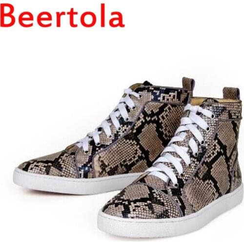 Beertola Breathable Mens Sneakers Lace Up High Top Flats Men Large Size Sports Walk Casual Men Shoes Party Snake Pattern