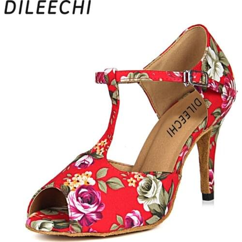 DILEECHI WOMENS LATIN DANCE SHOES BALLROOM DANCING SHOES SATIN beautiful flower HEEL 85MM SOFT OUTSOLE