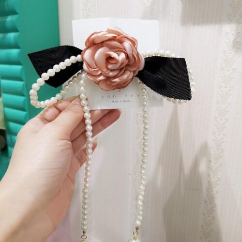 Elegant Pearl Bow Pink Flower Brooches Bowtie Ribbon Collar Pin Bow Tie College Shirt Blouse Girls Dress Sweet Party Accessories