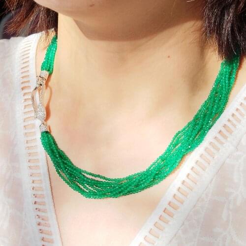 Lii Ji Emerald Color Real Gemstone Green Onyx Statement Necklace 10strands Bling Choker Necklace Fine Women Jewelry 47cm