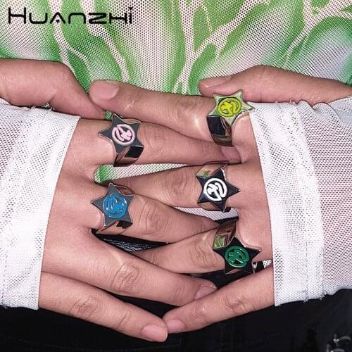 HUANZHI 2020 New Design Exaggerated Color Drip Glaze Symbol Hip Hop Metal Star Opening Rings for Women Man Party Jewelry