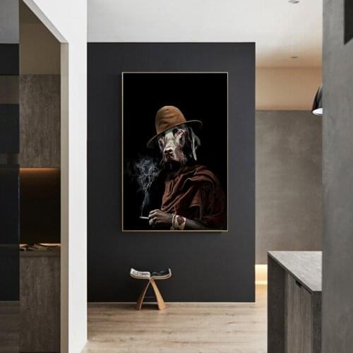 Funny Art Retro Dog In A Hat Smoking Canvas Painting Poster Print Cuadros Wall Art for Living Room Home Decor Frame