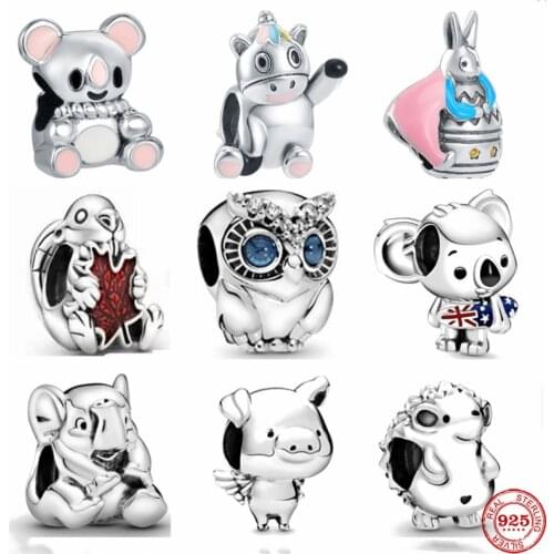 New Hot Animals Koala Hedgehog Elephant Rabbit Unicorn Fit 925 Silver Pandora Original Bracelet Charm Bead For Women DIY Jewelry