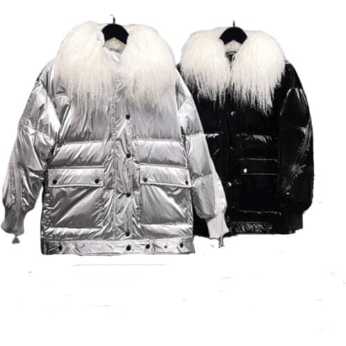 2021 Fashion Europe Parka White Duck Down Coats Women Winter Silver Glossy Parkas Coat Thicken Female Big Fur Collar Down Jacket