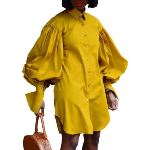 African Shirt Dresses For Women Fashion Lantern Sleeve Single Breasted 2021 Elegant Solid Streetwear African Party Dress Vestido