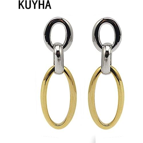 Luxury Trendy Fashion Womens Charm Dangle Gold and Silver Color 2 Color Stud Earrings with Two Oval Pendant