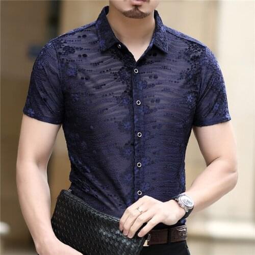 Print Velvet Flower Shirt Club Party Chemise Homme 2020 New Spring Short Sleeve Sexy Transparent Shirt Men Mens Button Shirt