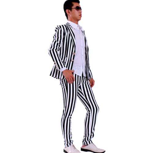 S-6xl New 2020 Mens Slim Pu Leather Black And White Striped Leather Blazer Suits Singer Costumes Men Dress Clothing