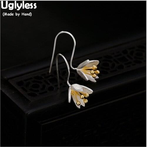 Uglyless 100% Real Solid 925 Sterling Silver Handmade Brushed Flower Earrings Frosted Ear Lines Fine Jewelry for Women Bijoux