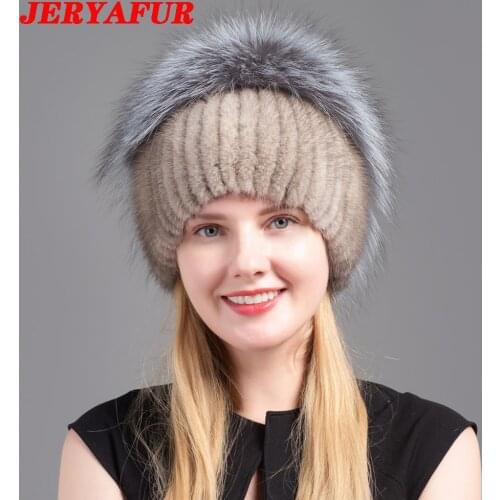 JERYAFUR Russian Fox Hat Womens Winter Warm Fur Hat Natural Mink Fur Knitted Hat Female Edama Braided Fox Fur