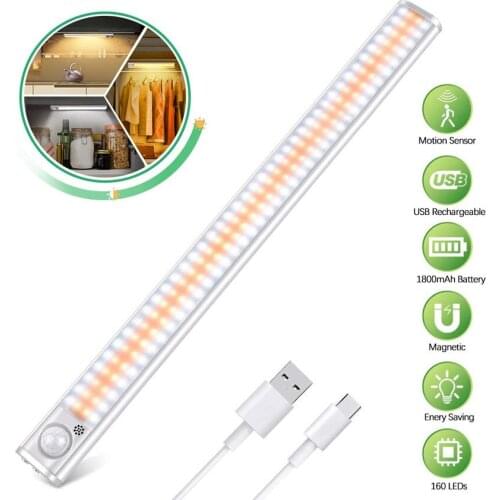 Closet Light 80/120/160 LED PIR Motion Sensor LED Light Kitchen Cabinet BackLight Rechargeable Under Cabinet Lights for Bedroom