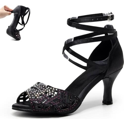 Qianjiaowu Latin Ballroom Dance Shoes For Women Rhinestone Salsa Dancing Shoes For Wedding Girls Soft Sole Practice Dance-shoes