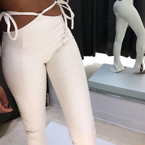 Women Sexy Lace-up PU Leather Trousers Vintage Faux Leather Stretch Leggings Ladies Slim Bodycon Belt Flare Pants New Clubwear