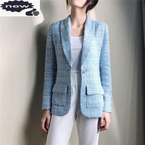 2021 Spring Womens Blaze Tweed Blue Plaid Slim Tailoring Professional Woman Thin Coat High-end Silk Lining Top Blazers Jacket