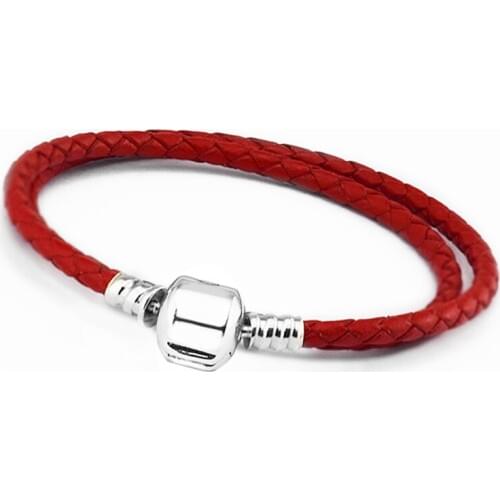 CKK Red Leather Bracelet Argent 925 Sterling Silver Standard Barrel Clasp Charm Bracelets for Women Fits Charm Beads DIY Jewelry