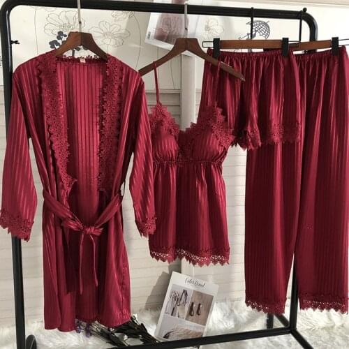 4 Pcs Set Women Pajama Set Lace Sexy Nightdress With Belt Cardigan Set Pyjamas
