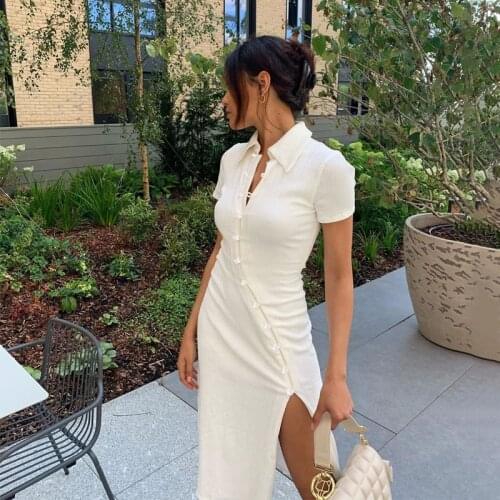 2021 New Style Women Sexy Short Sleeve Long Dress Ladies' Elegant Shirt Collar Button Tight Knit Beveled Side Slit Dress Summer