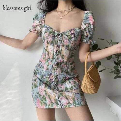 Summer Floral Print Drawstring Square Neck Puff Sleeve Dress women Blue green Elegant Bodycon Beach Boho Light sexy mini Dresses