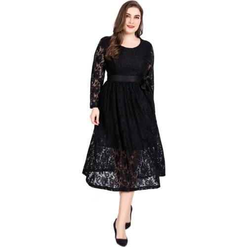 Summer Autumn Women Dress Plus Size Elegant Lace Hollow Out Long Sleeve Ruffles Party Dress Slim Bodycon Ladies Office Dresses