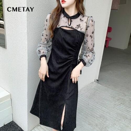 2021 Autumn New French Retro Long Sleeved Splicing Casual Mid-Length Split Dresses Female Office Elegant Party Dress Vestido