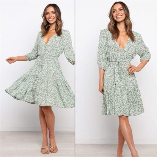 Sweet Temperament Casual 2021 Spring and Summer V-neck Small Floral Dress Cake Stitching Lotus Leaf Dress LYQ285