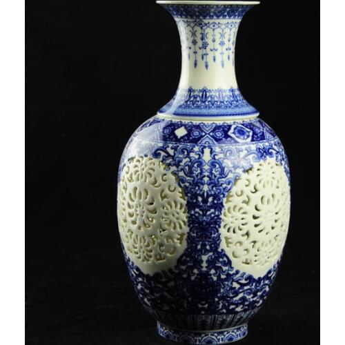 2 set Chinese Jingdezhen hollow porcelain blue & white large vase QIANLONG mark