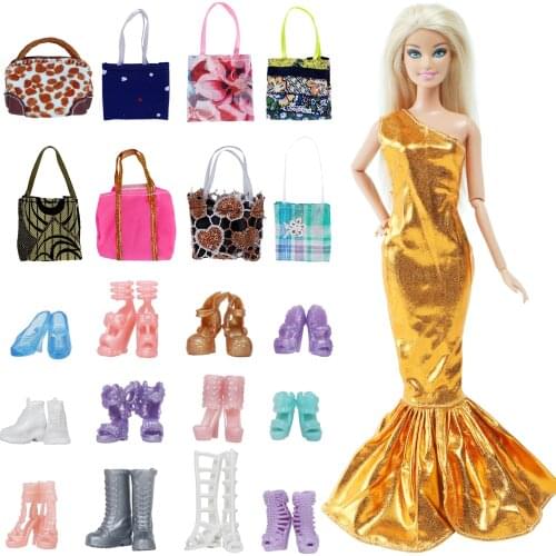 23 Pcs/Set =Fashion Doll Golden Dress + 12 Pair Shoes + Random 10 Handbags Daily Casual Wear Clothes for Barbie Doll Accessories