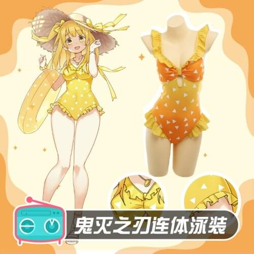 Anime Cosplay Agatsuma Zenitsu Cute Sweetheart One-pieces Swimsuit Women Costume Set