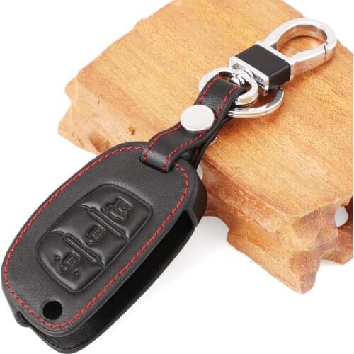 Black Genuine Leather Remote Key Case Cover key chain For Hyundai Avante Porter Grandeur Sonata Santafe i30 Solaris ix35
