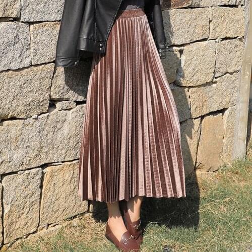 Pleated Long Skirt Women Fall Spring 2021 Korean Velvet High Waist Casual Loose Office Lady Clothes Bottoms Plus Size Midi Skirt
