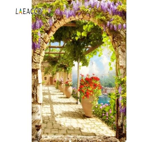 Laeacco Arch Door Corridor Potted Plants Blossom Photo Backgrounds Rural Village Sea Photography Backdrops Summer Photophone