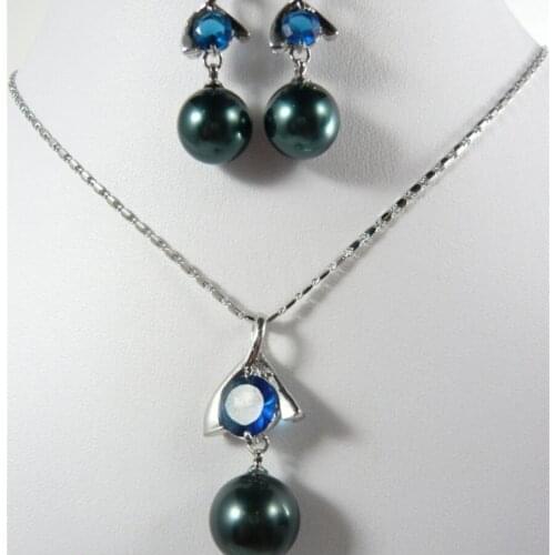 10-14mm Blue Zircon black shell pearl Metal Silver Plated Jewelry Set Necklace Pendant Earrings womens Party Gift