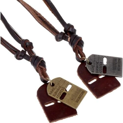 Fashion Punk Men Jewelry Vintage Metal Letter Card Pendant Long Leather Necklace Alloy Retro Charm Women Adjustable Cowhid Chain