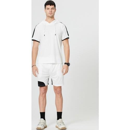 Mens Sportswear Suit Mens Hooded Patchwork Pullover Hooded T-Shirt and Short Drawstring Pants Casual Color Matching Suits