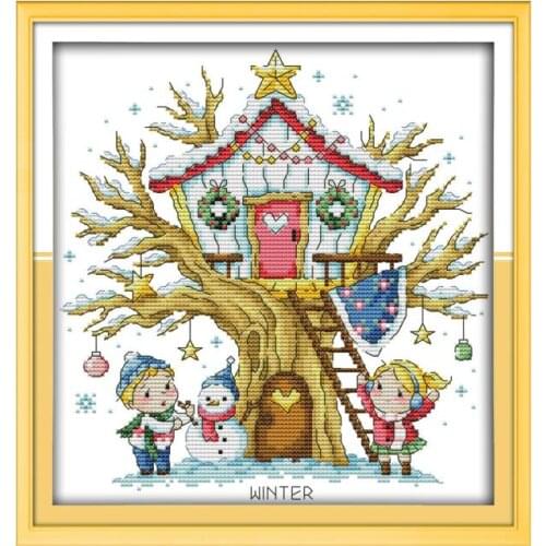 Tree House (Winter) cross stitch kit aida 14ct 11ct count printed canvas stitches embroidery DIY handmade needlework