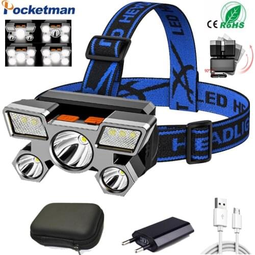 60000LM Headlight 5LED USB Rechargeable With Built-in 18650 Battery Flashlight Lantern Headlamp Outdoor Camping Head light