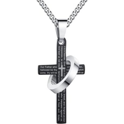 Stainless Steel Cross Lords Prayer and Halo Ring Pendant Statement Necklace Black Sliver Color