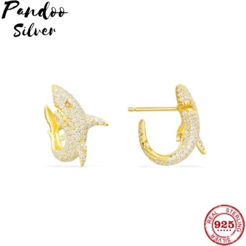 Pandoo Fashion Charm Sterling Silver Original 1:1 Copy,Yellow Silver Shark Stud Earrings Luxury Jewelry Gift For Female