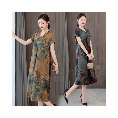 2021 New Women Improved Cheongsam Simulation Silk Midi Dress Vintage Embroidery V-neck Plus Size 4xl Middle Aged Mother Dresses
