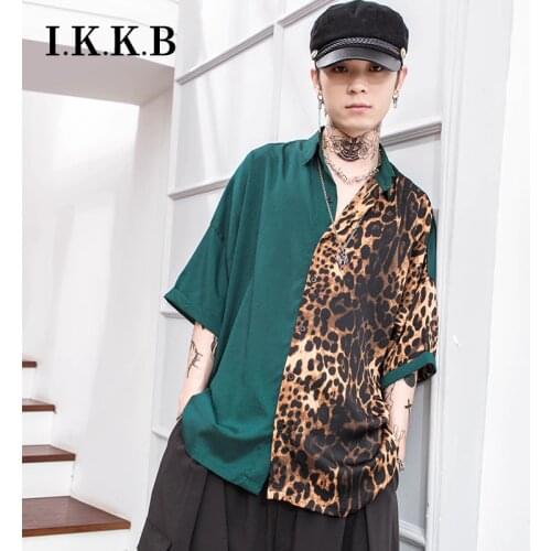 Leopard print shirt male short-sleeved loose personality Patchwork five-sleeve shirt tide bat shirt summer trend in the sleeve s
