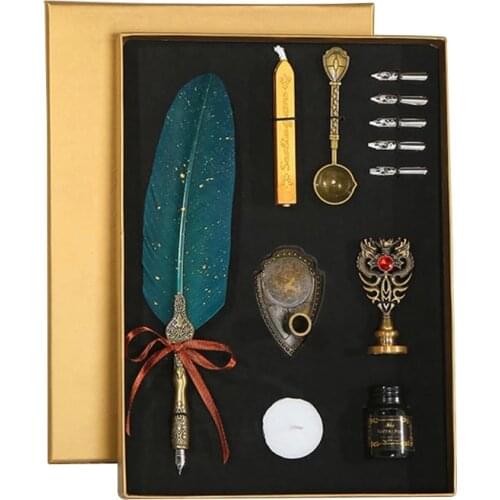 Sprinkle Gold Magic School Luxury Vintage Feather Quill Dip Calligraphy Fountain Pen Writing Ink 5 Nibs Set Stationery Gift Box